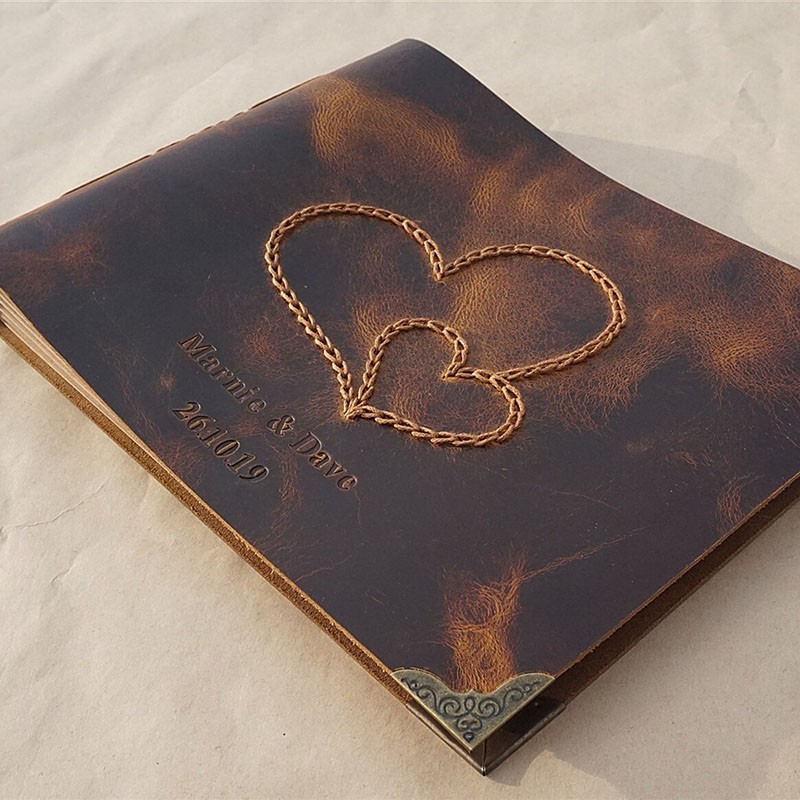Personalized Vintage Style Genuine Leather Photo Album with Hearts Valentine's Day Anniversary Gift For Couple