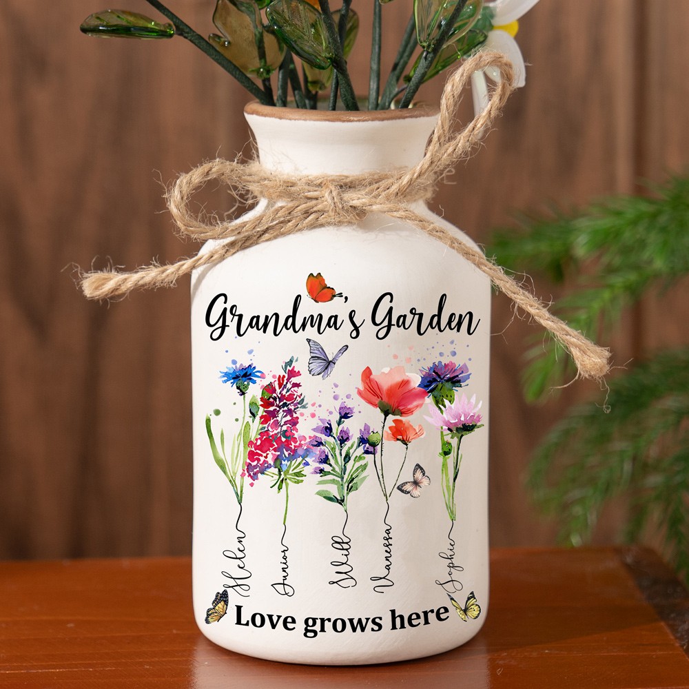 Custom Family Garden Birth Flower Vase With Grandchildren Name For Mother's Day Gift