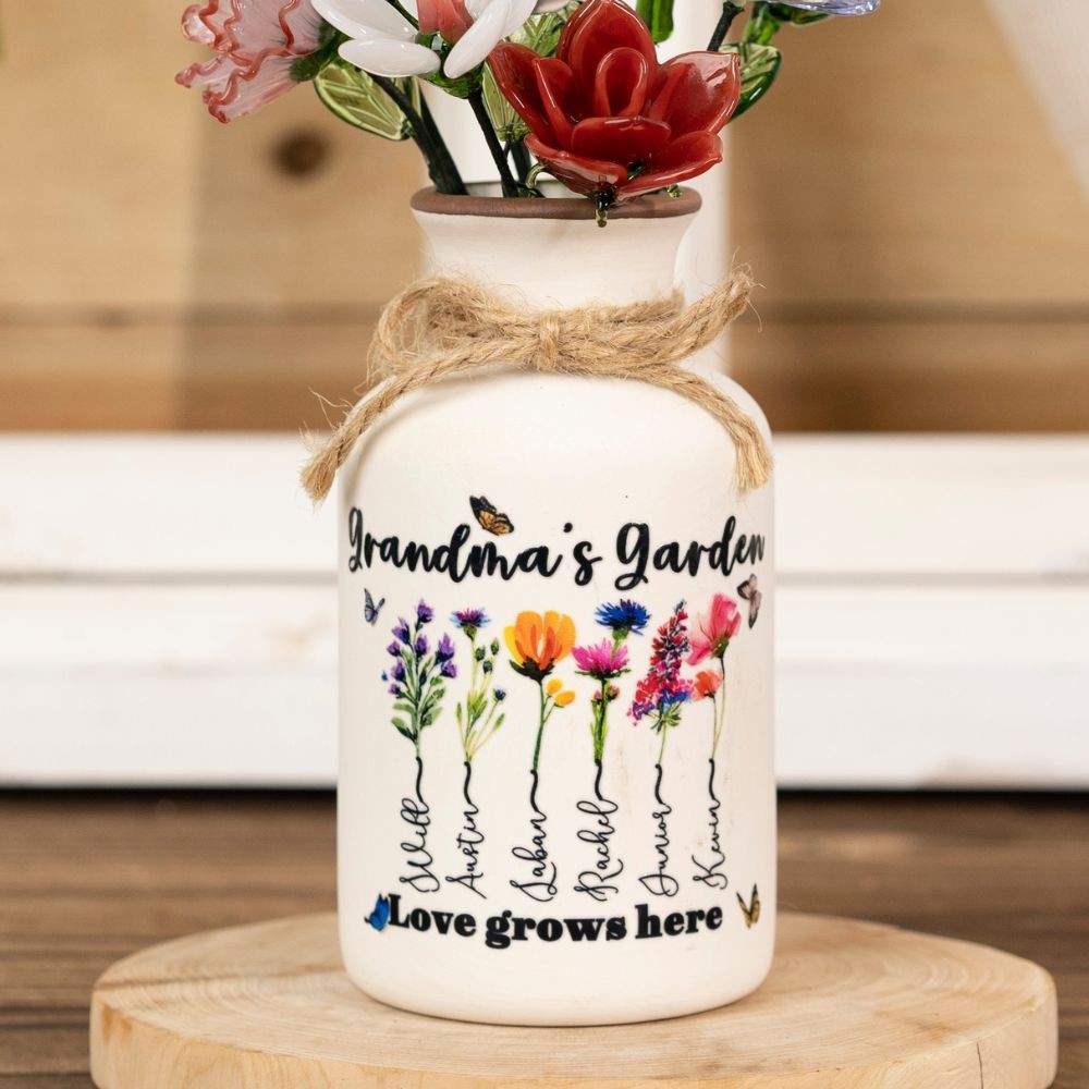 Custom Family Garden Birth Flower Vase With Grandchildren Name For Mother's Day Gift