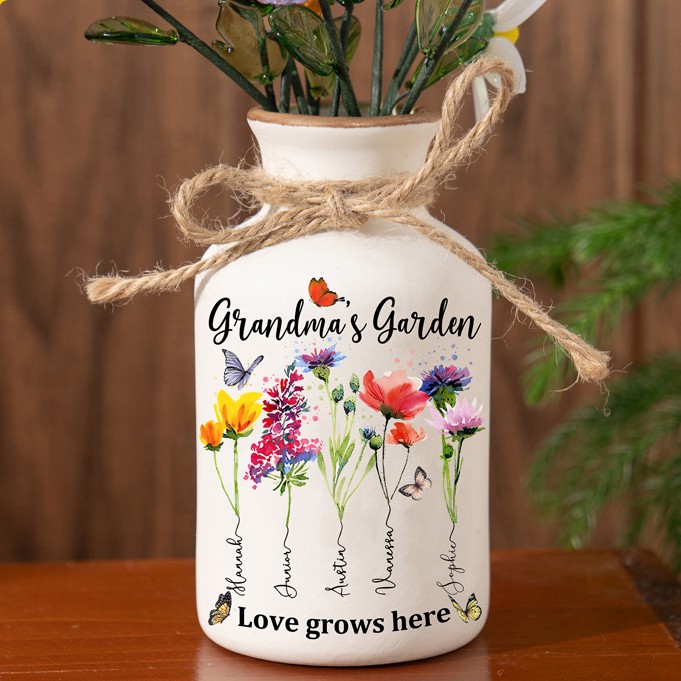 Custom Family Garden Birth Flower Vase With Grandchildren Name For Mother's Day Gift