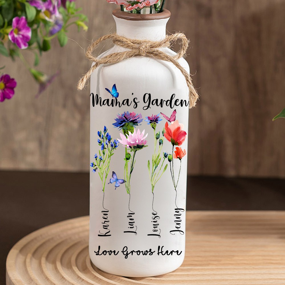 Custom Family Garden Birth Flower Vase With Grandchildren Name For Mother's Day Gift