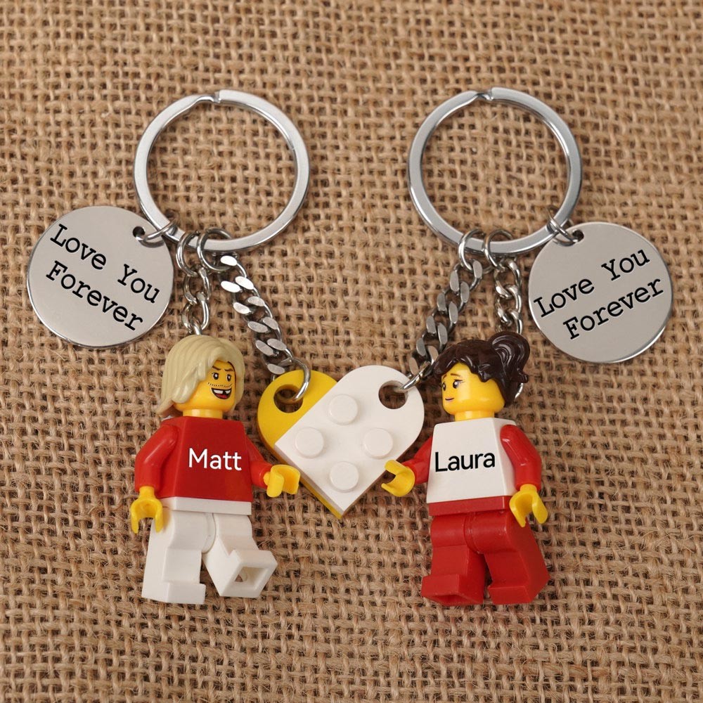 Personalized Tiny Figure Heart Keychain With Text on Disc For Couple Christmas Valentine's Day