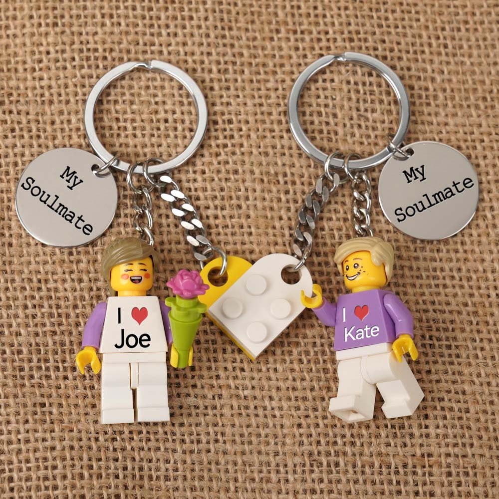 Personalized Tiny Figure Heart Keychain With Text on Disc For Couple Christmas Valentine's Day