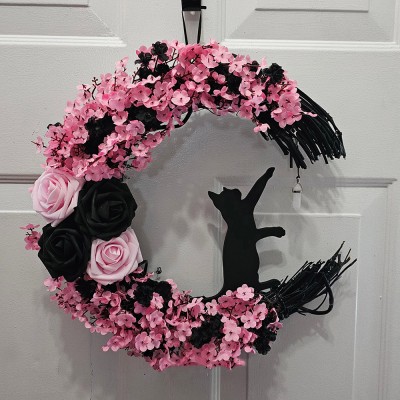 Pink Cat Moon Wreath For Wall Decor
