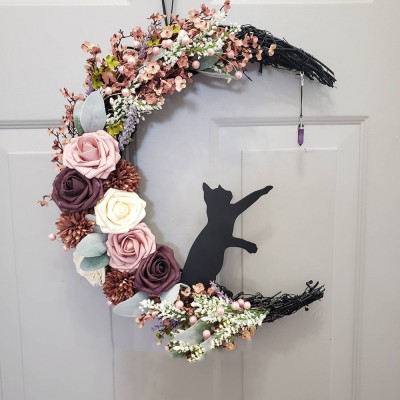 Crescent Moon Cat Wreath For Wall Decor