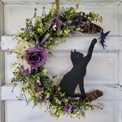 Fairy Crescent Black Cat Moon Wreath For Wall Decor