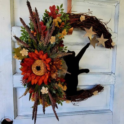 Sunflower Crescent Black Cat Moon Wreath For Wall Decor