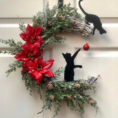 Black Cat Christmas Moon Wreath For Wall Decor