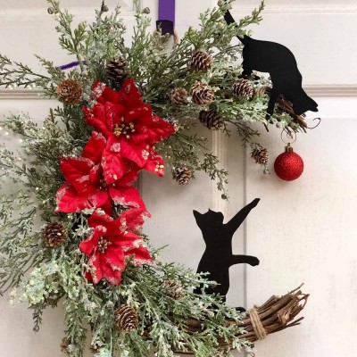 Black Cat Christmas Moon Wreath For Wall Decor