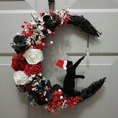 Black Cat Christmas Moon Wreath For Wall Decor