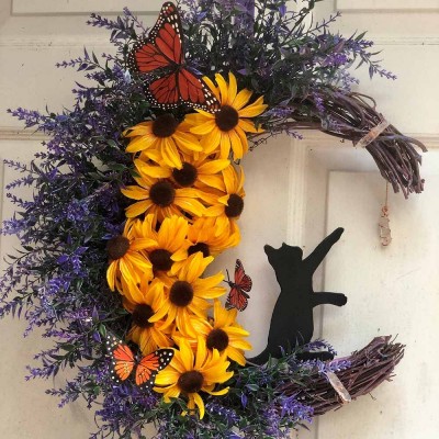Black Cat Christmas Moon Wreath For Wall Decor
