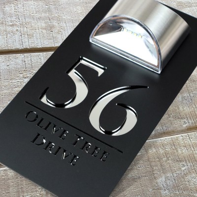 Custom Mirror Acrylic House Sign with Solar Light and House Number For Home Decor