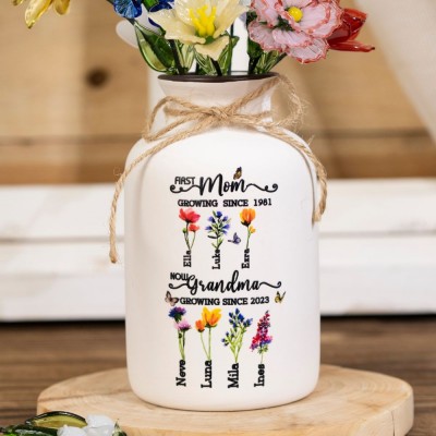 Custom Family Garden Birth Flower Vase With Grandchildren Name For Mother's Day Gift