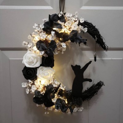 Black Cat Moon Wreath For Wall Decor