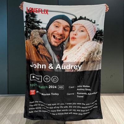 Custom LOVEFLIX Movie Photo Blanket with Your Love Story Personalized Valentine's Gift For Couple