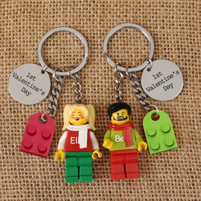 Personalized Tiny Figure Heart Keychain With Text on Disc For Couple Christmas Valentine's Day
