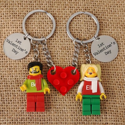 Personalized Tiny Figure Heart Keychain With Text on Disc For Couple Christmas Valentine's Day