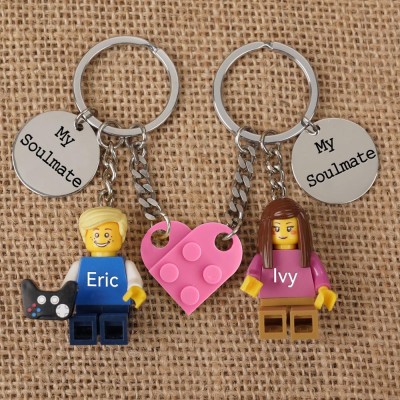 Personalized Tiny Figure Heart Keychain With Text on Disc For Couple Christmas Valentine's Day
