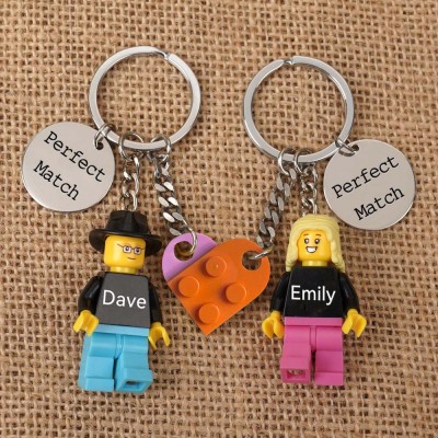 Personalized Tiny Figure Heart Keychain With Text on Disc For Couple Christmas Valentine's Day