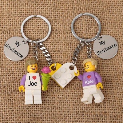 Personalized Tiny Figure Heart Keychain With Text on Disc For Couple Christmas Valentine's Day