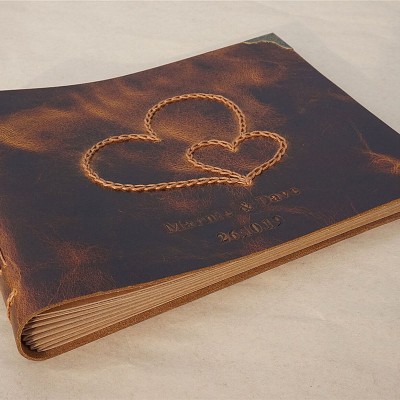 Personalized Vintage Style Genuine Leather Photo Album with Hearts Valentine's Day Anniversary Gift For Couple