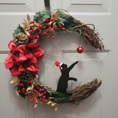 Black Cat Christmas Moon Wreath For Wall Decor