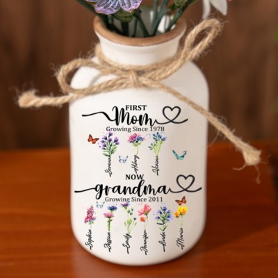 Custom Family Garden Birth Flower Vase With Grandchildren Name For Mother's Day Gift