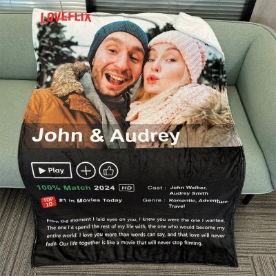 Custom LOVEFLIX Movie Photo Blanket with Your Love Story Personalized Valentine's Gift For Couple