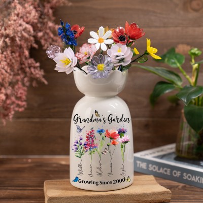 Custom Family Garden Birth Flower Vase With Grandchildren Name For Mother's Day Gift