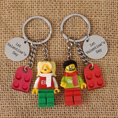 Personalized Tiny Figure Heart Keychain With Text on Disc For Couple Christmas Valentine's Day