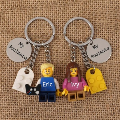 Personalized Tiny Figure Heart Keychain With Text on Disc For Couple Christmas Valentine's Day