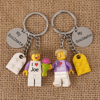 Personalized Tiny Figure Heart Keychain With Text on Disc For Couple Christmas Valentine's Day