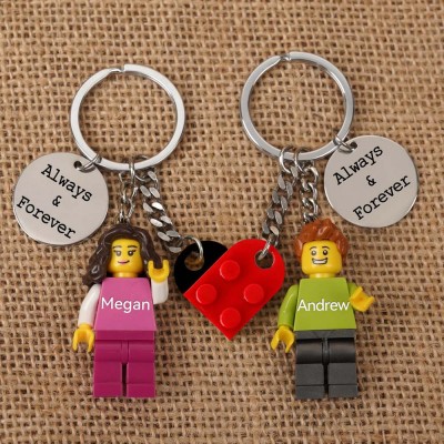 Personalized Tiny Figure Heart Keychain With Text on Disc For Couple Christmas Valentine's Day
