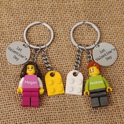 Personalized Tiny Figure Heart Keychain With Text on Disc For Couple Christmas Valentine's Day